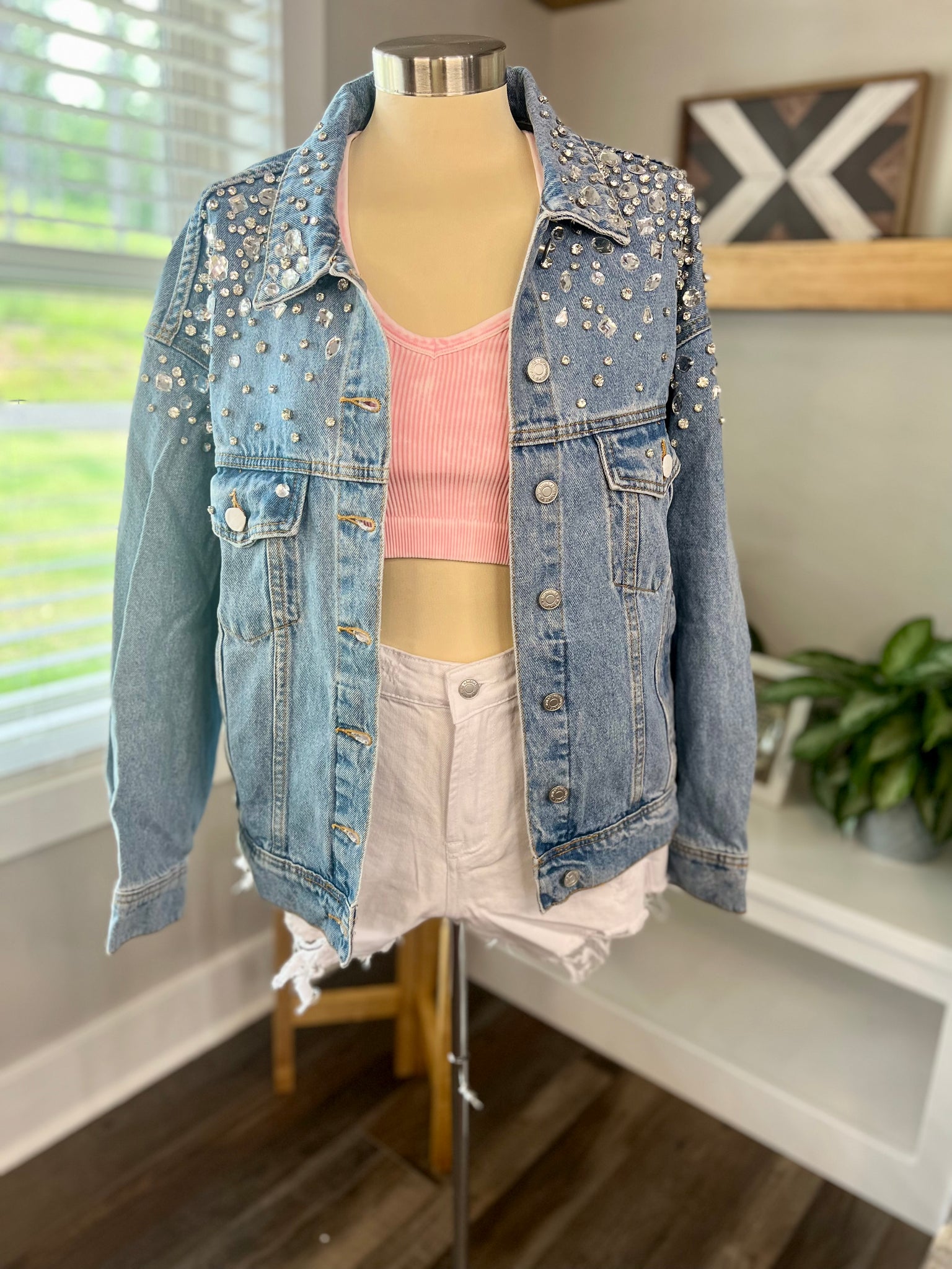 Denim Jacket with Pearl & Jewel Embellished – paulamarie