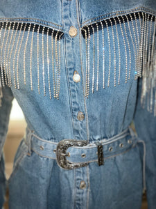 Jewel Fringe Denim Dress with Western Belt