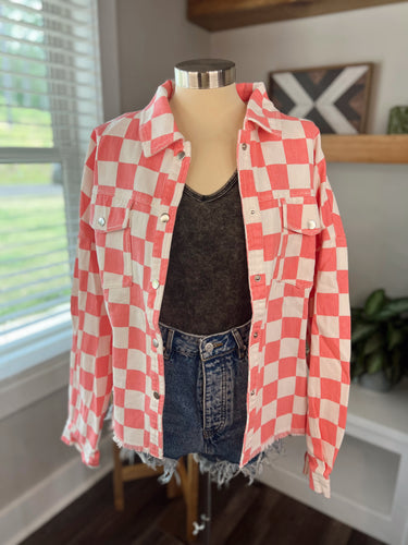 Checkered Print Denim Jacket